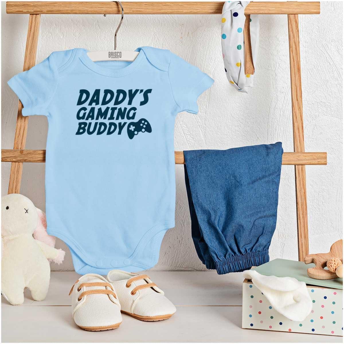 imageBrisco Brands Cute Daddys Gaming Buddy Gamer Dad Baby Romper Boys or GirlsLight Blue