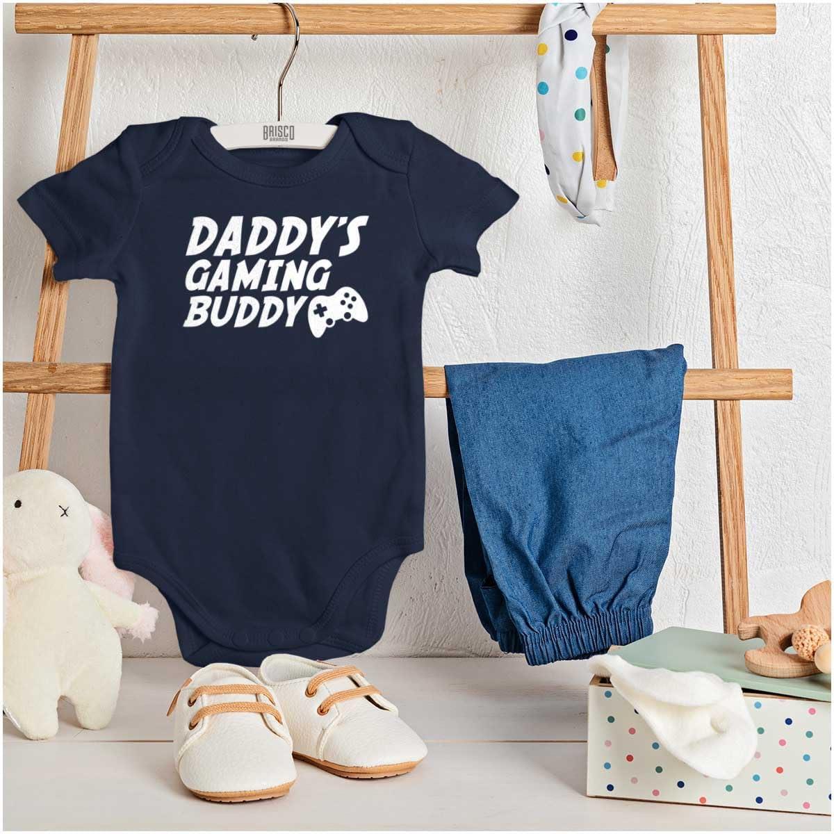 imageBrisco Brands Cute Daddys Gaming Buddy Gamer Dad Baby Romper Boys or GirlsNavy