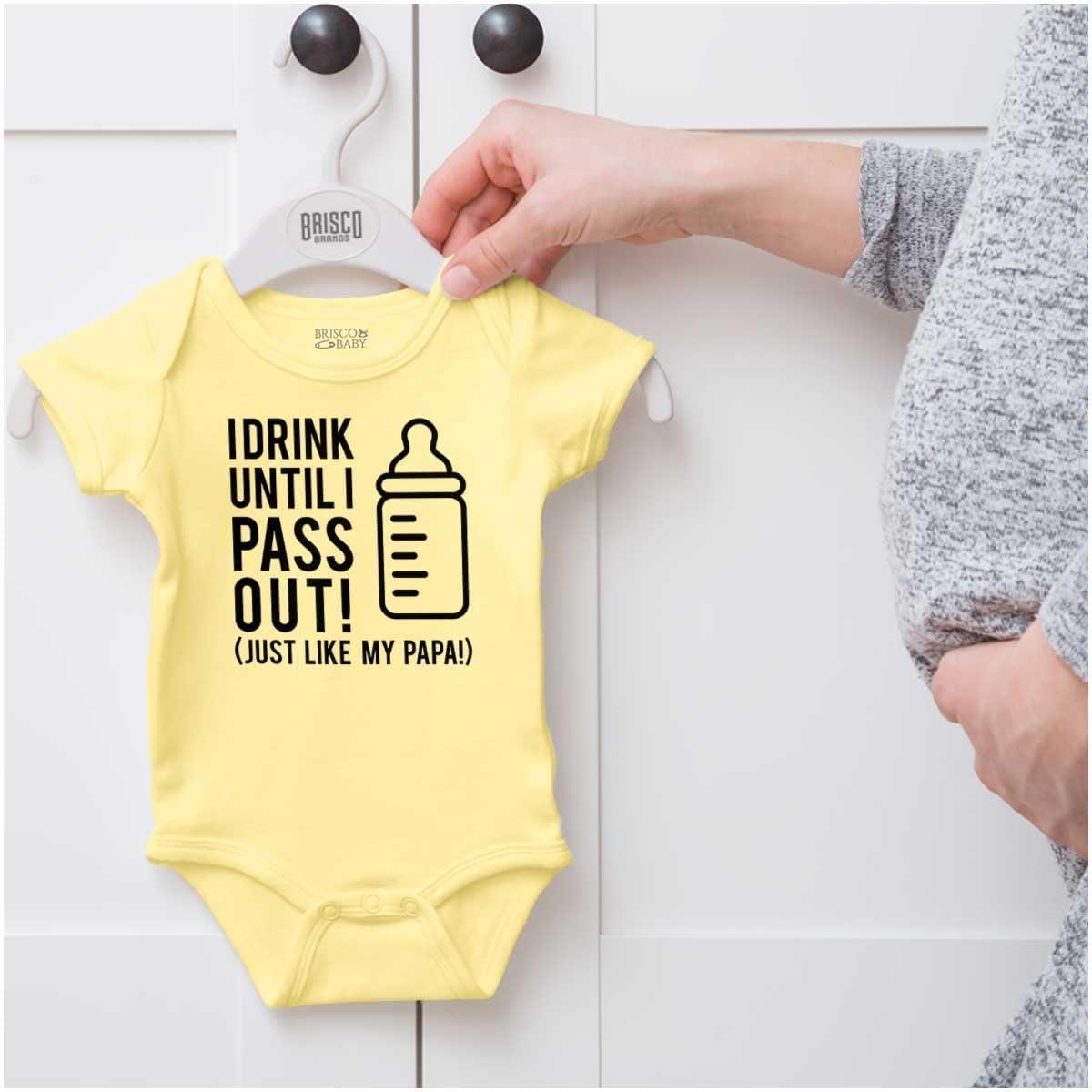 imageBrisco Brands Drink Until Pass Out Just Like Papa Baby Romper Boys or GirlsBanana
