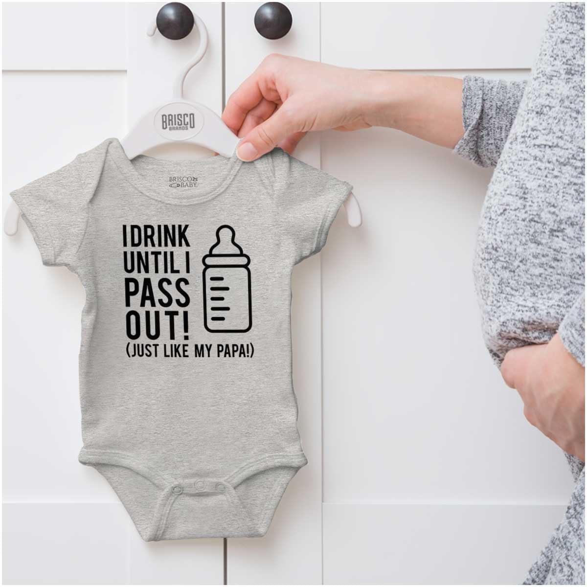 imageBrisco Brands Drink Until Pass Out Just Like Papa Baby Romper Boys or GirlsHeather