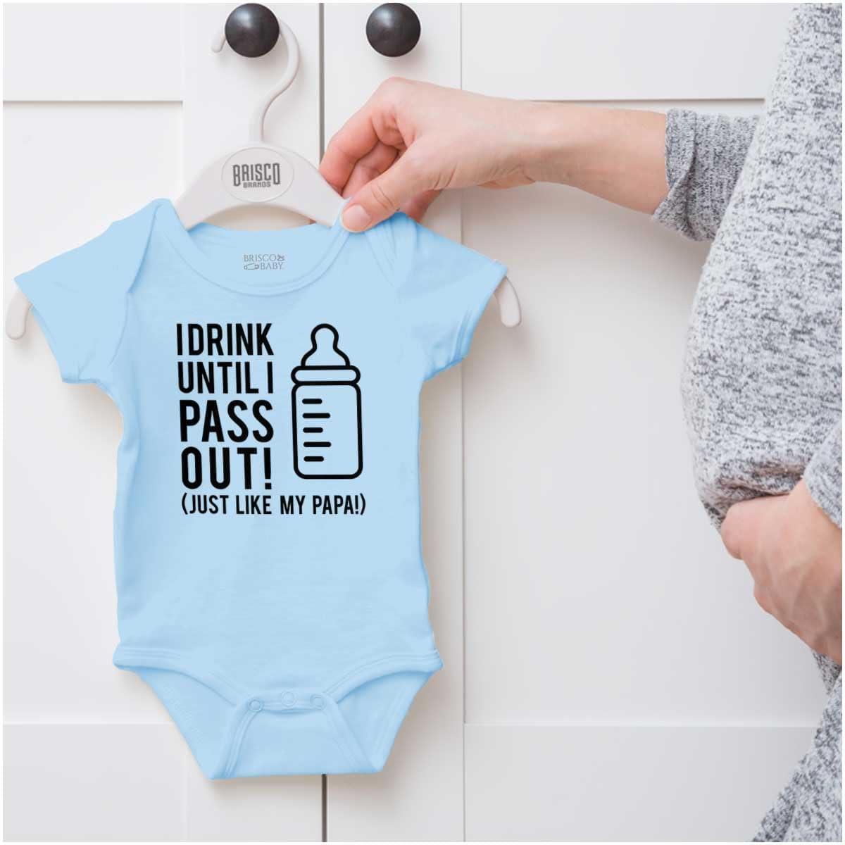 imageBrisco Brands Drink Until Pass Out Just Like Papa Baby Romper Boys or GirlsLight Blue