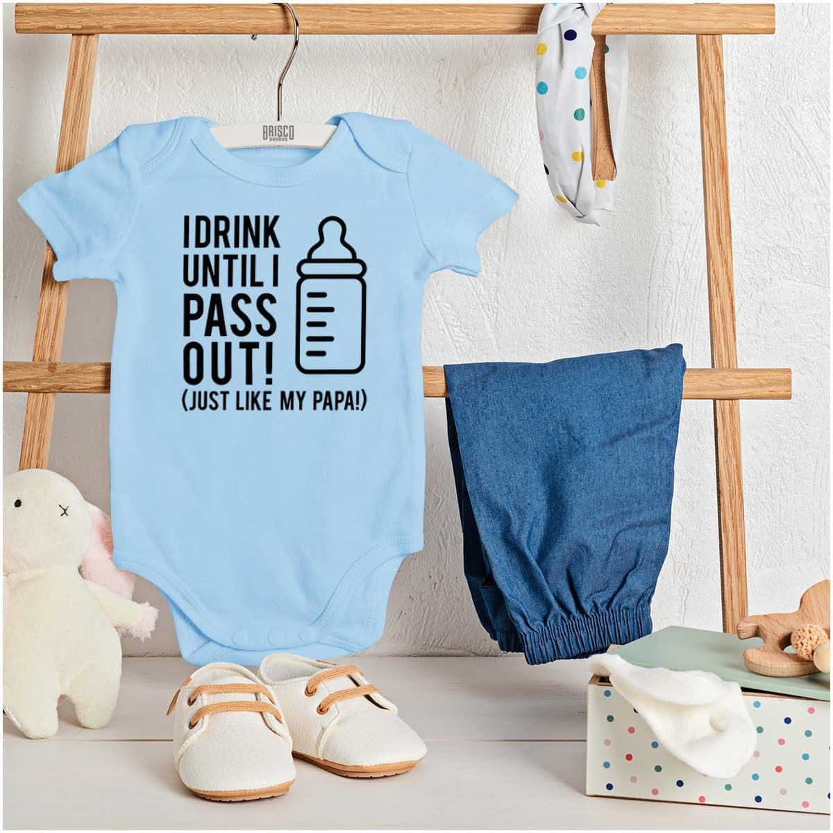 imageBrisco Brands Drink Until Pass Out Just Like Papa Baby Romper Boys or GirlsLight Blue