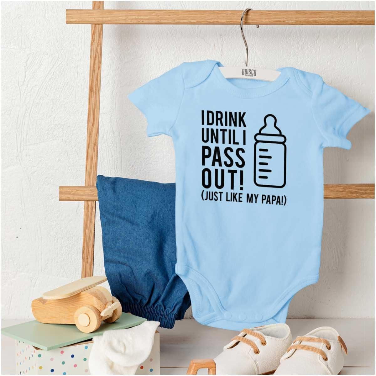 imageBrisco Brands Drink Until Pass Out Just Like Papa Baby Romper Boys or GirlsLight Blue