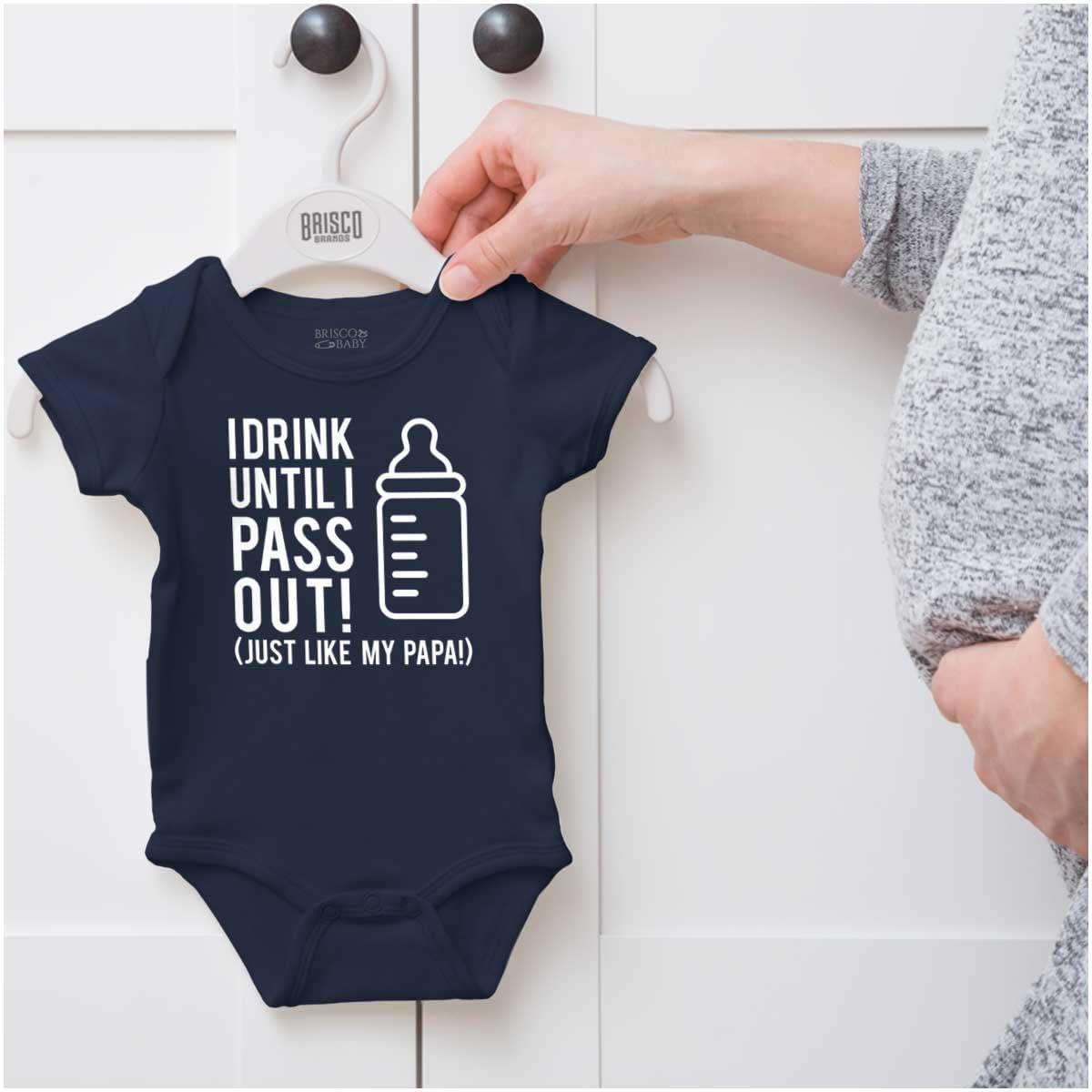 imageBrisco Brands Drink Until Pass Out Just Like Papa Baby Romper Boys or GirlsNavy