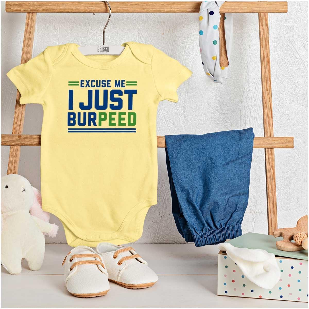 imageBrisco Brands Excuse Me I Just Burpeed Workout Baby Romper Boys or GirlsBanana