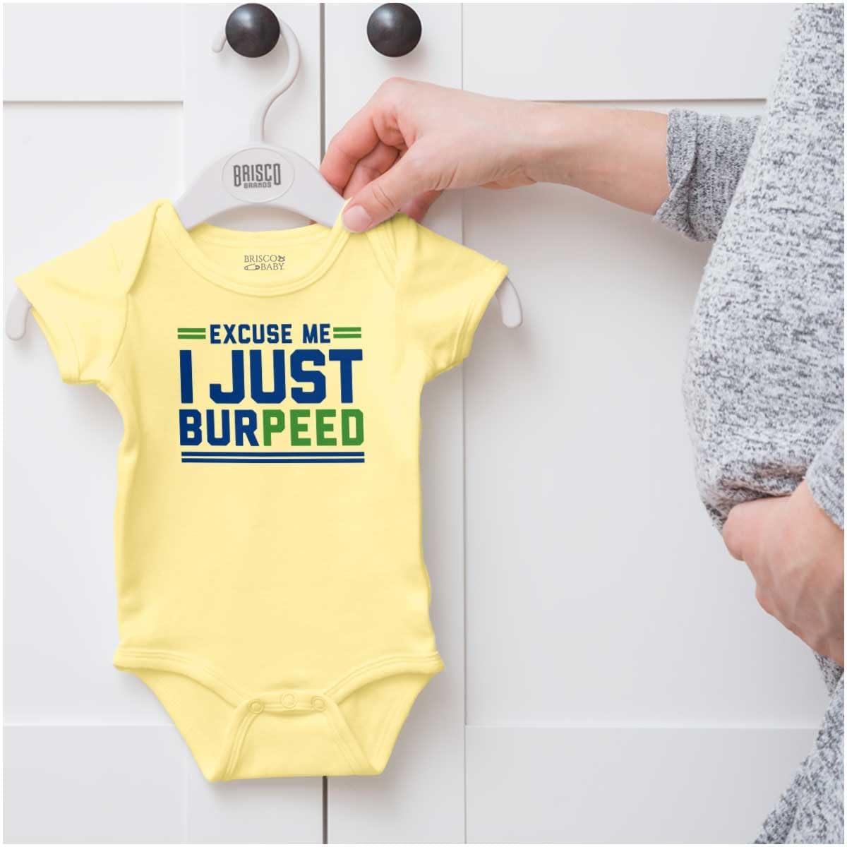 imageBrisco Brands Excuse Me I Just Burpeed Workout Baby Romper Boys or GirlsBanana