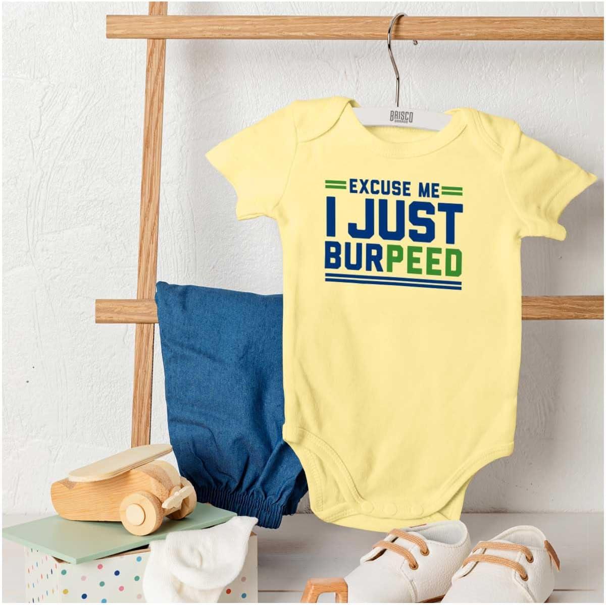 imageBrisco Brands Excuse Me I Just Burpeed Workout Baby Romper Boys or GirlsBanana