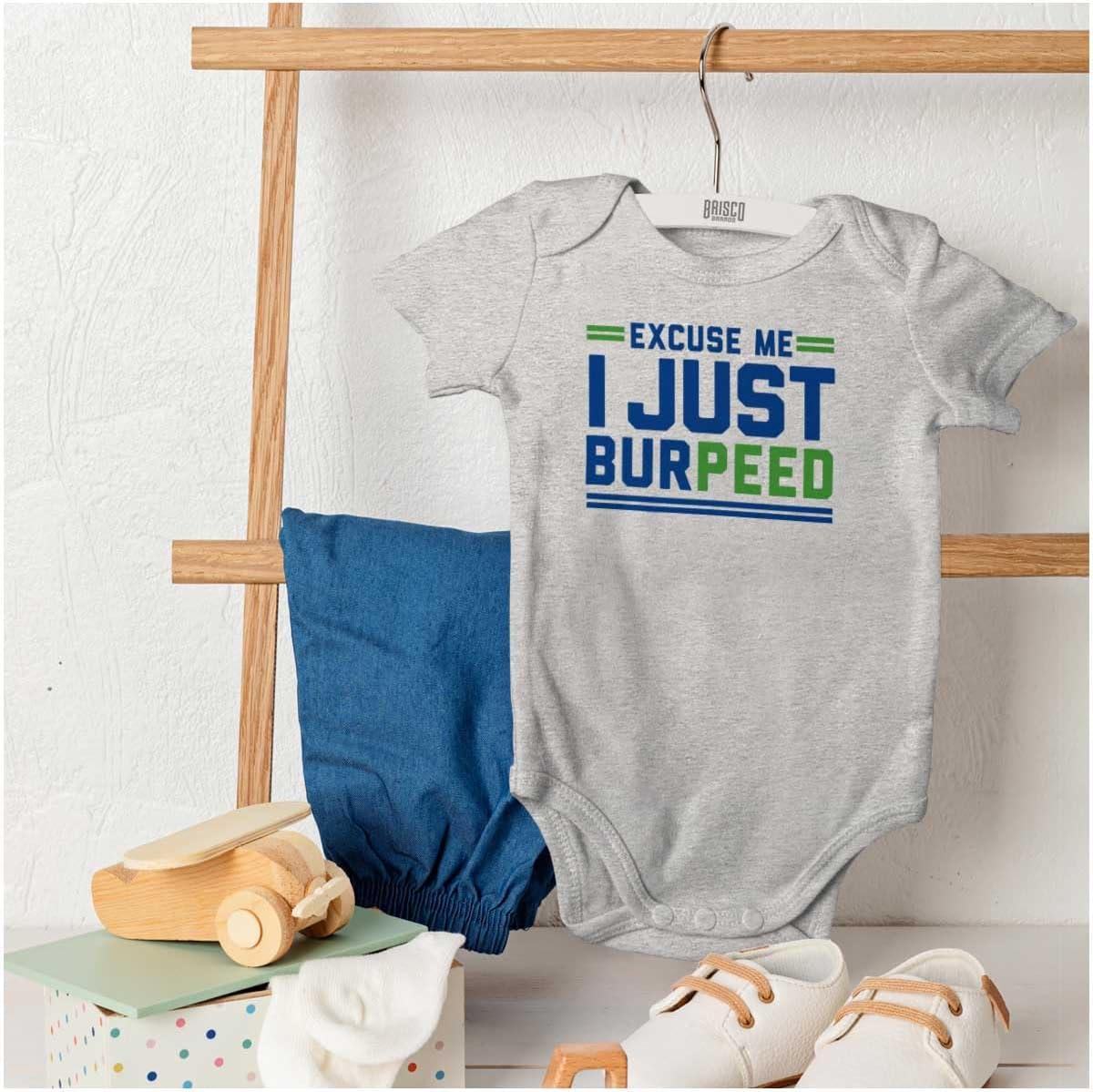 imageBrisco Brands Excuse Me I Just Burpeed Workout Baby Romper Boys or GirlsHeather