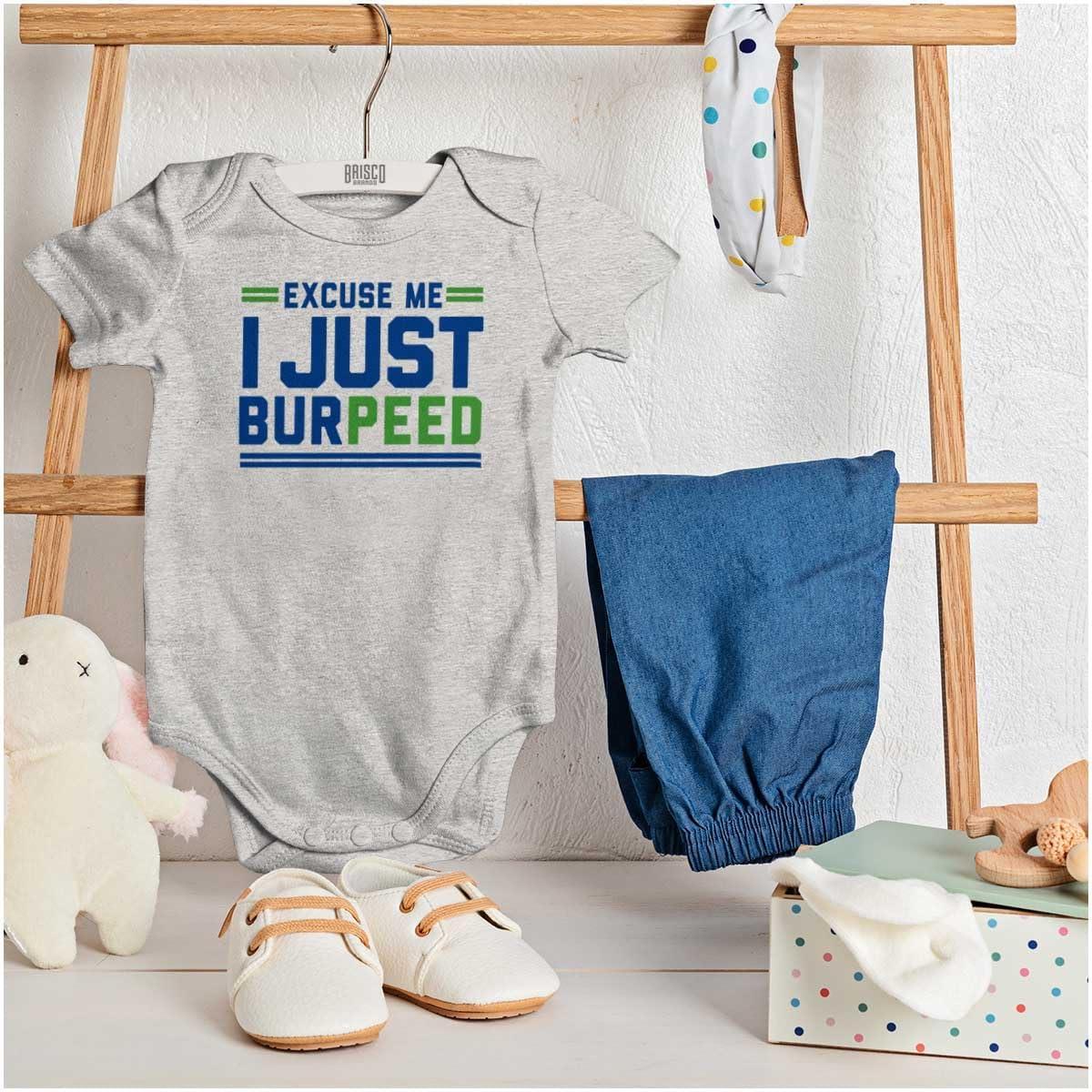 imageBrisco Brands Excuse Me I Just Burpeed Workout Baby Romper Boys or GirlsHeather