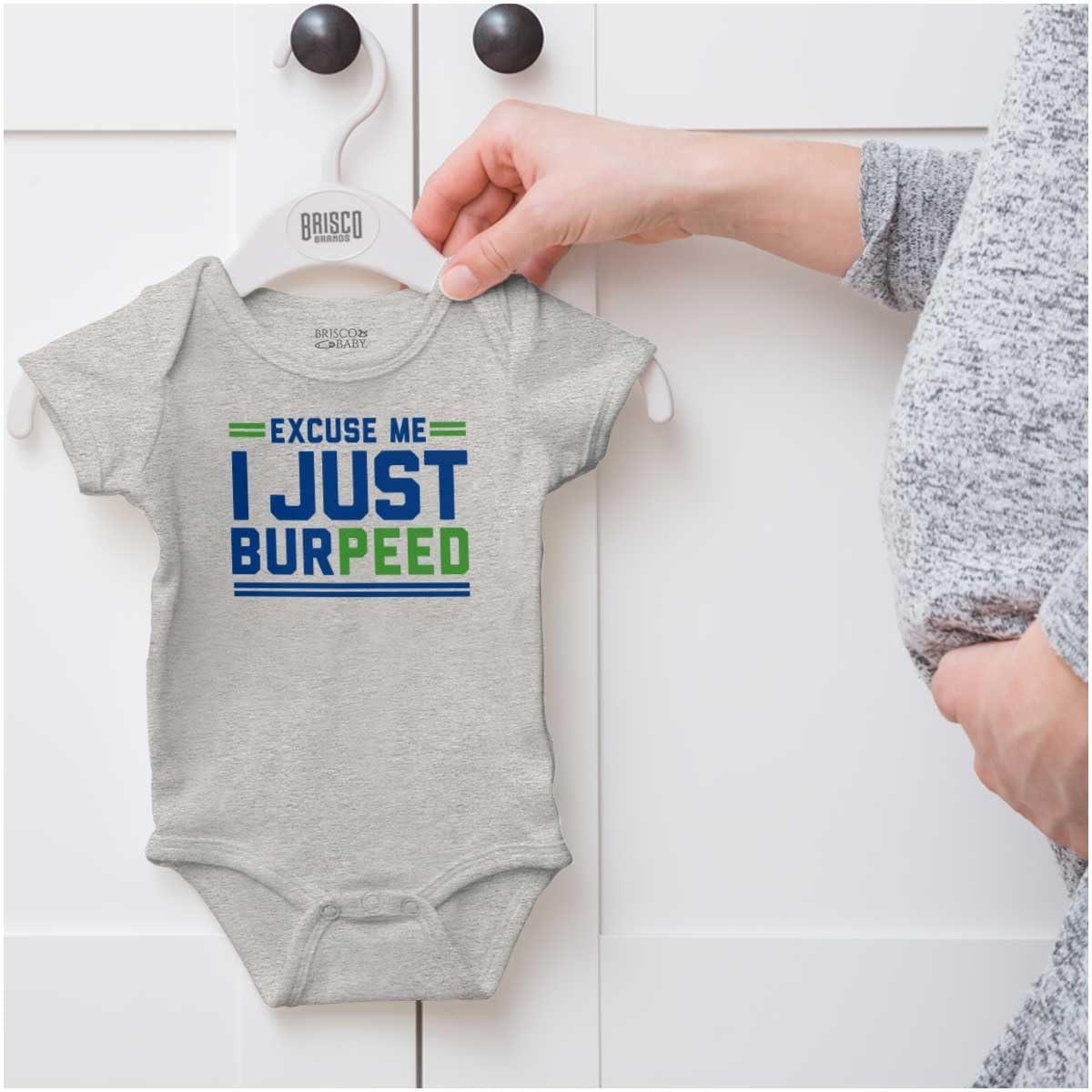 imageBrisco Brands Excuse Me I Just Burpeed Workout Baby Romper Boys or GirlsHeather