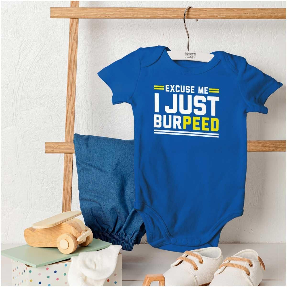 imageBrisco Brands Excuse Me I Just Burpeed Workout Baby Romper Boys or GirlsRoyal