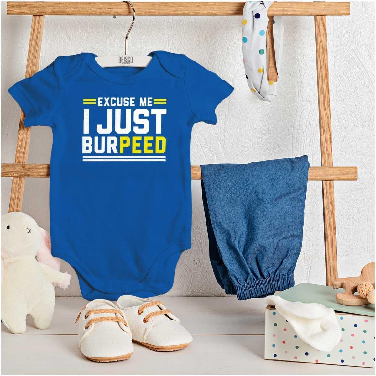 imageBrisco Brands Excuse Me I Just Burpeed Workout Baby Romper Boys or GirlsRoyal