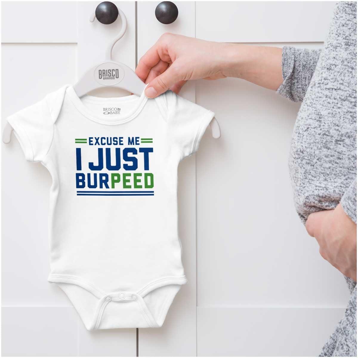 imageBrisco Brands Excuse Me I Just Burpeed Workout Baby Romper Boys or GirlsWhite
