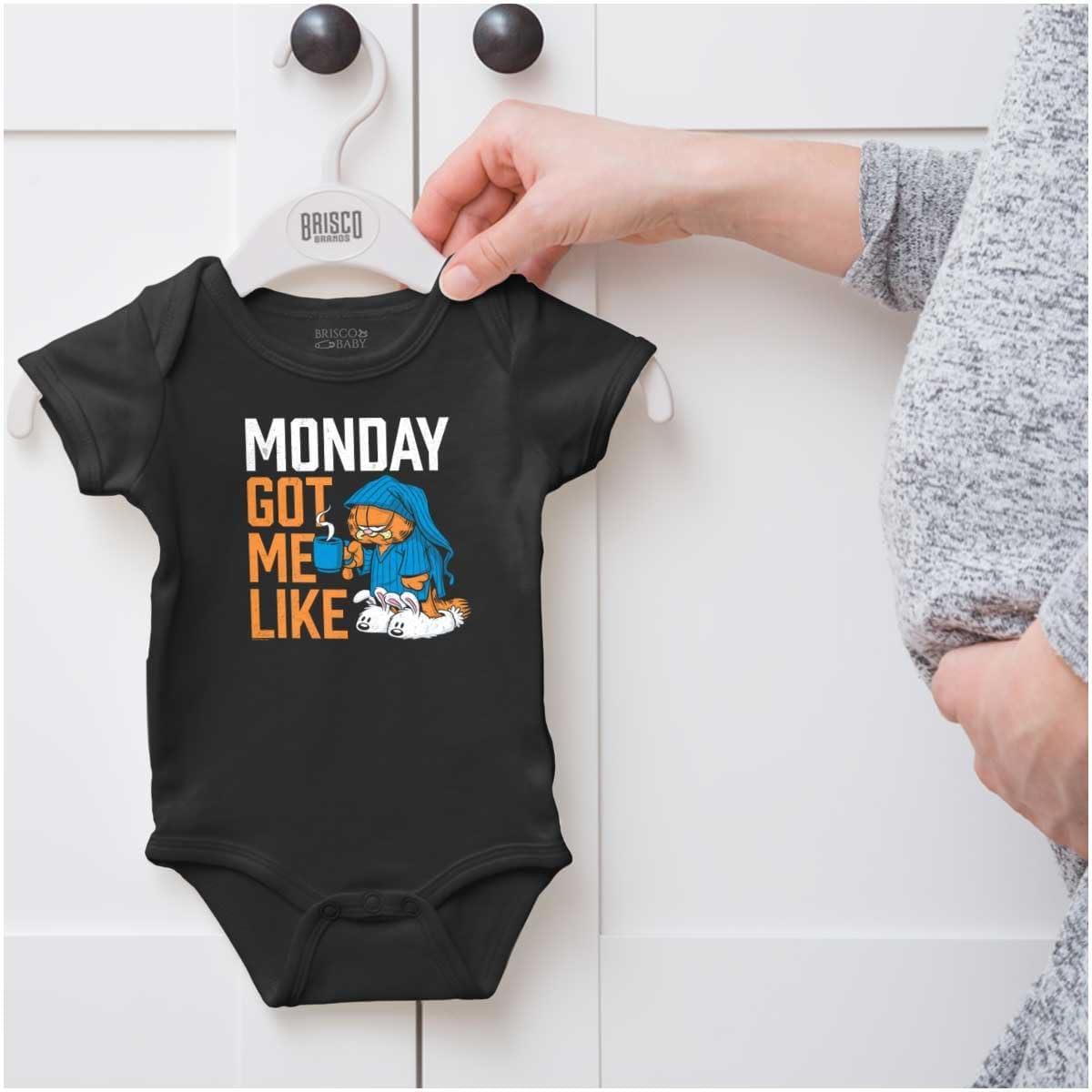 imageBrisco Brands Funny Garfield Cartoon Hates Mondays Baby Romper Boys or GirlsBlack