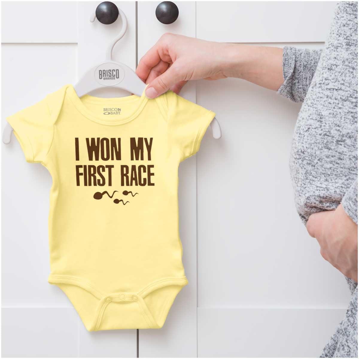 imageBrisco Brands Funny I Won My First Race Joke Baby Romper Boys or GirlsBanana