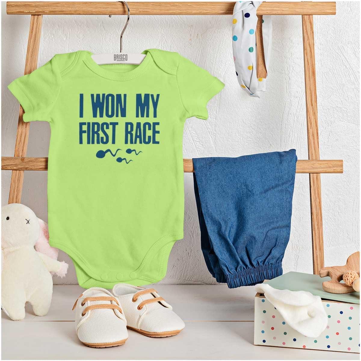 imageBrisco Brands Funny I Won My First Race Joke Baby Romper Boys or GirlsKey Lime