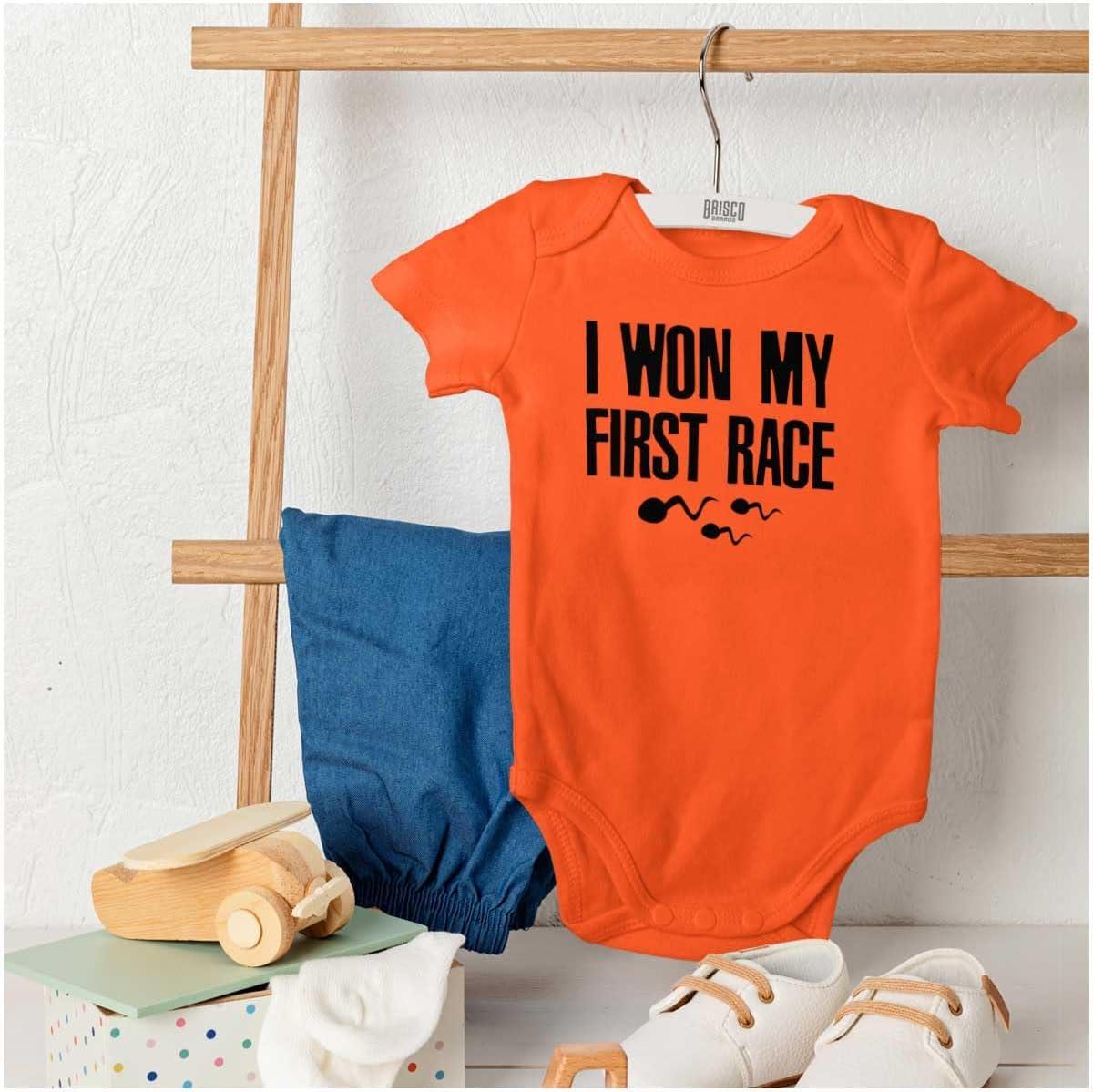 imageBrisco Brands Funny I Won My First Race Joke Baby Romper Boys or GirlsOrange
