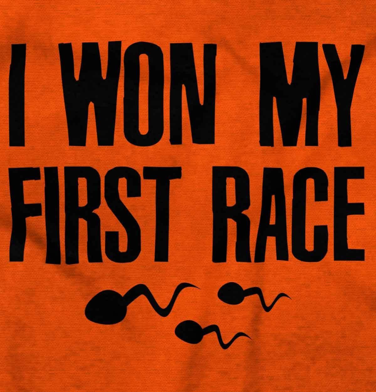 imageBrisco Brands Funny I Won My First Race Joke Baby Romper Boys or GirlsOrange