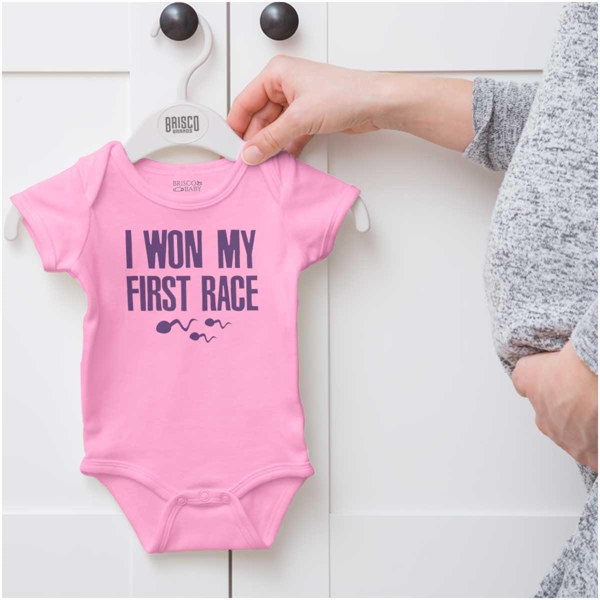 imageBrisco Brands Funny I Won My First Race Joke Baby Romper Boys or GirlsPink
