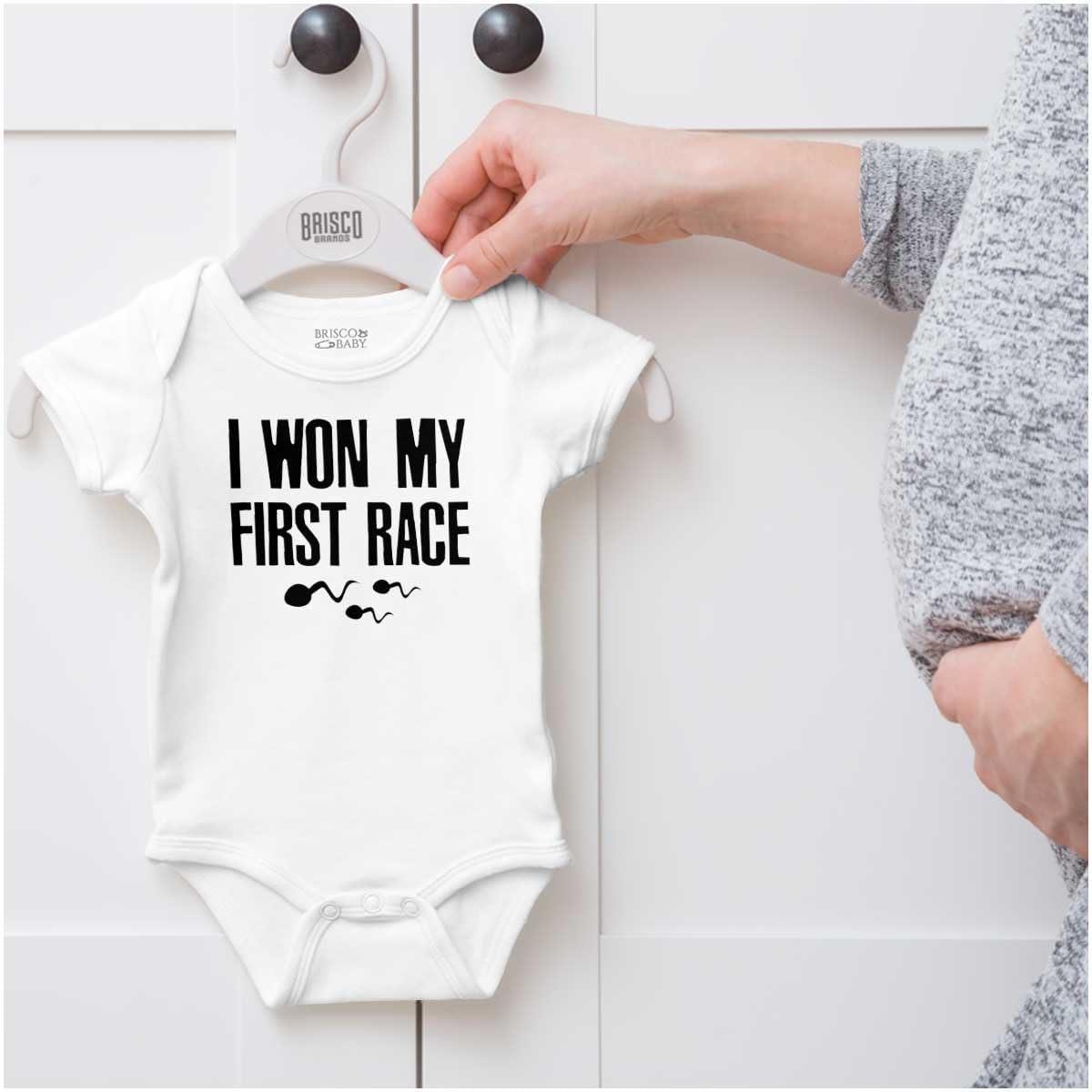 imageBrisco Brands Funny I Won My First Race Joke Baby Romper Boys or GirlsWhite