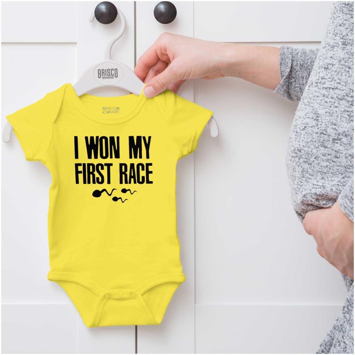 imageBrisco Brands Funny I Won My First Race Joke Baby Romper Boys or GirlsZest
