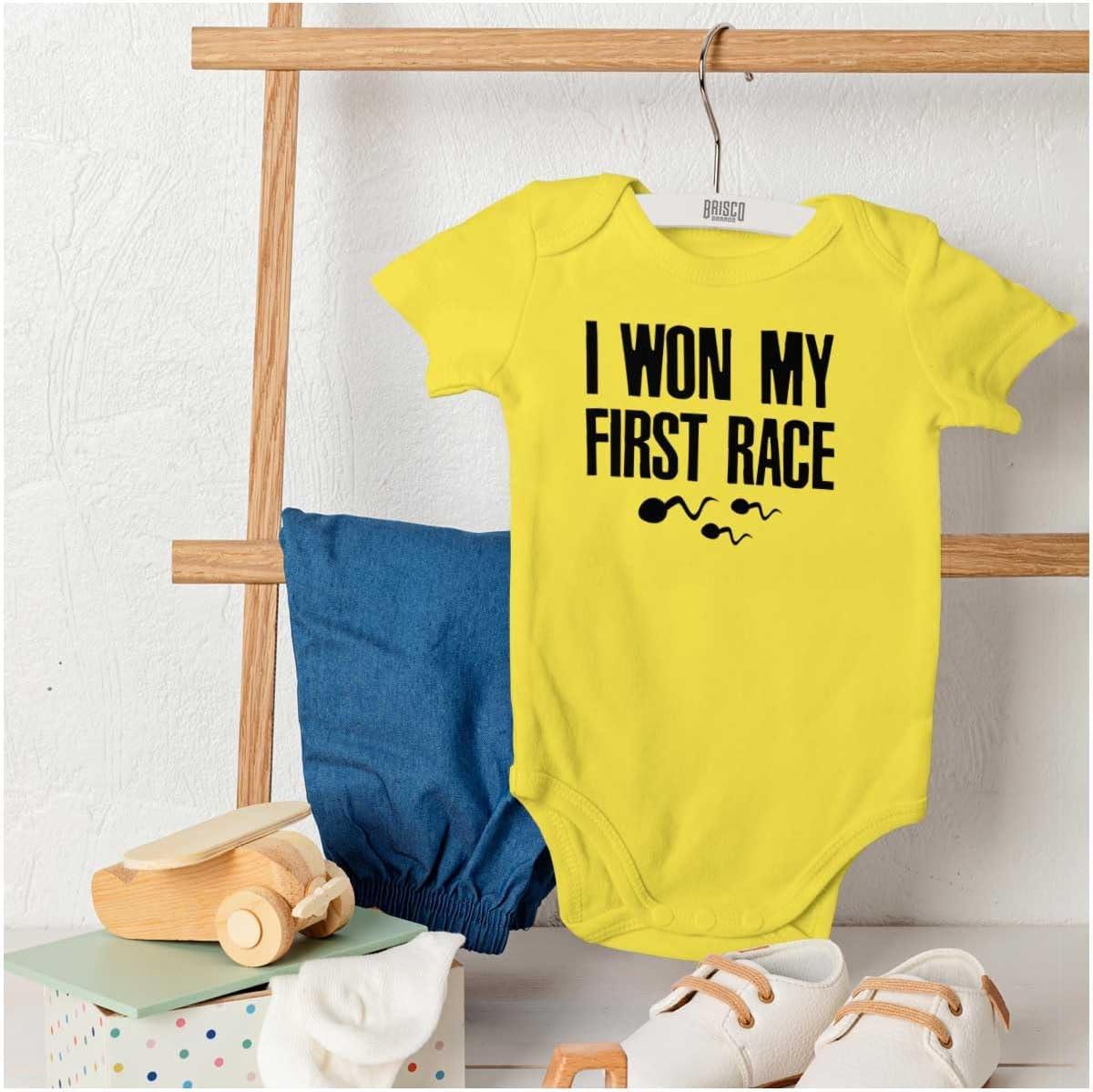 imageBrisco Brands Funny I Won My First Race Joke Baby Romper Boys or GirlsZest