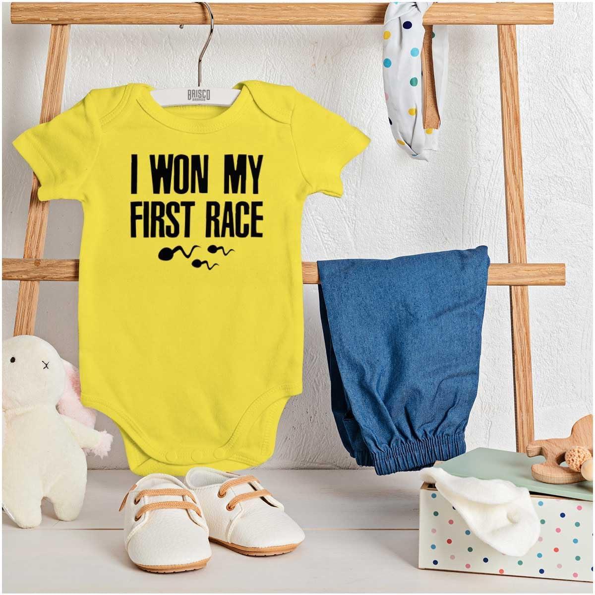 imageBrisco Brands Funny I Won My First Race Joke Baby Romper Boys or GirlsZest