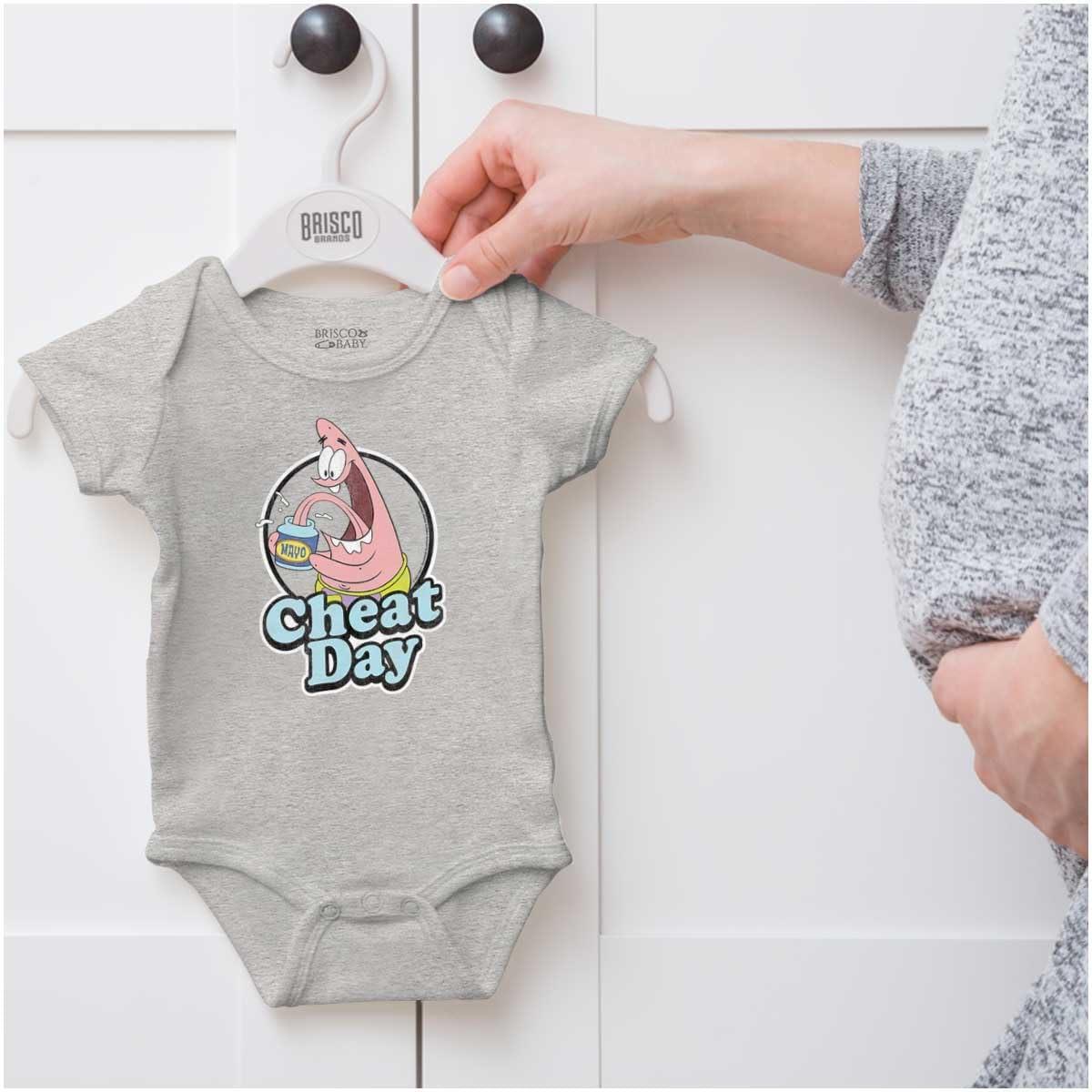 imageBrisco Brands Funny Patrick Star Cartoon Cheat Day Baby Romper Boys or GirlsHeather