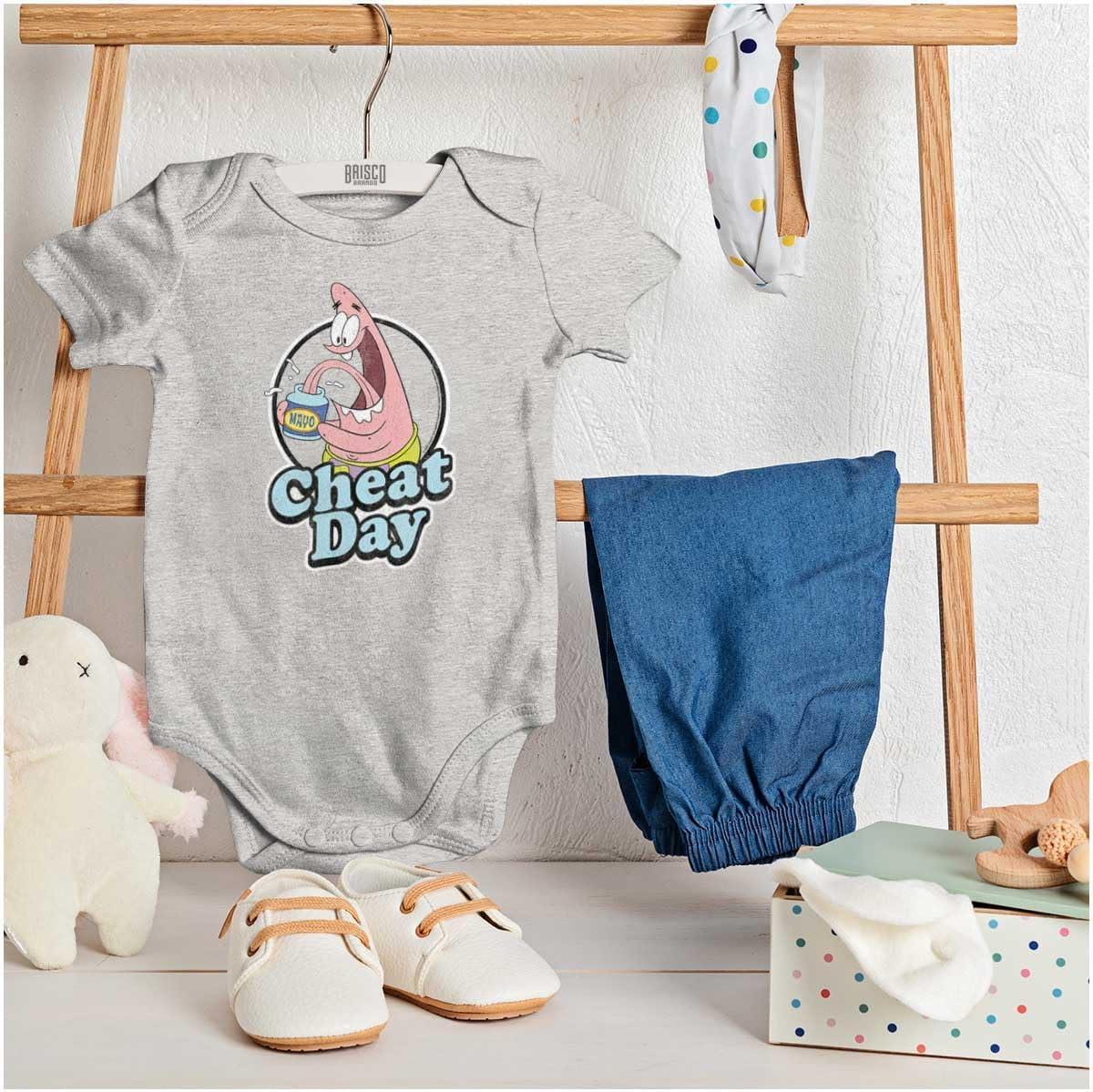 imageBrisco Brands Funny Patrick Star Cartoon Cheat Day Baby Romper Boys or GirlsHeather