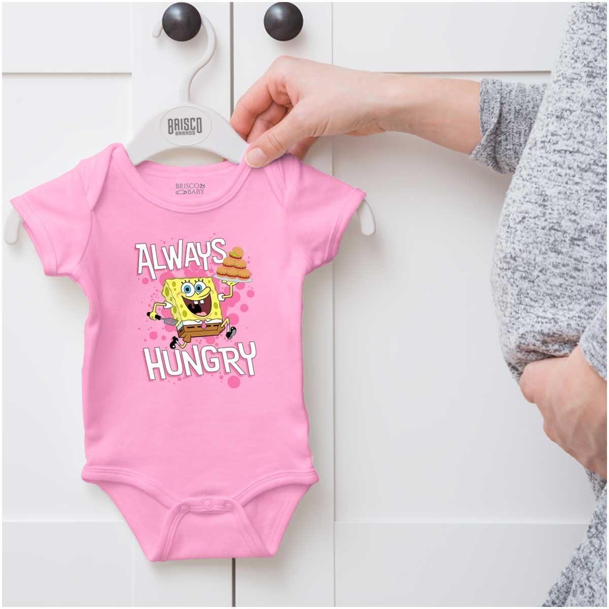 imageBrisco Brands Funny SpongeBob Cartoon Always Hungry Baby Romper Boys or GirlsPink