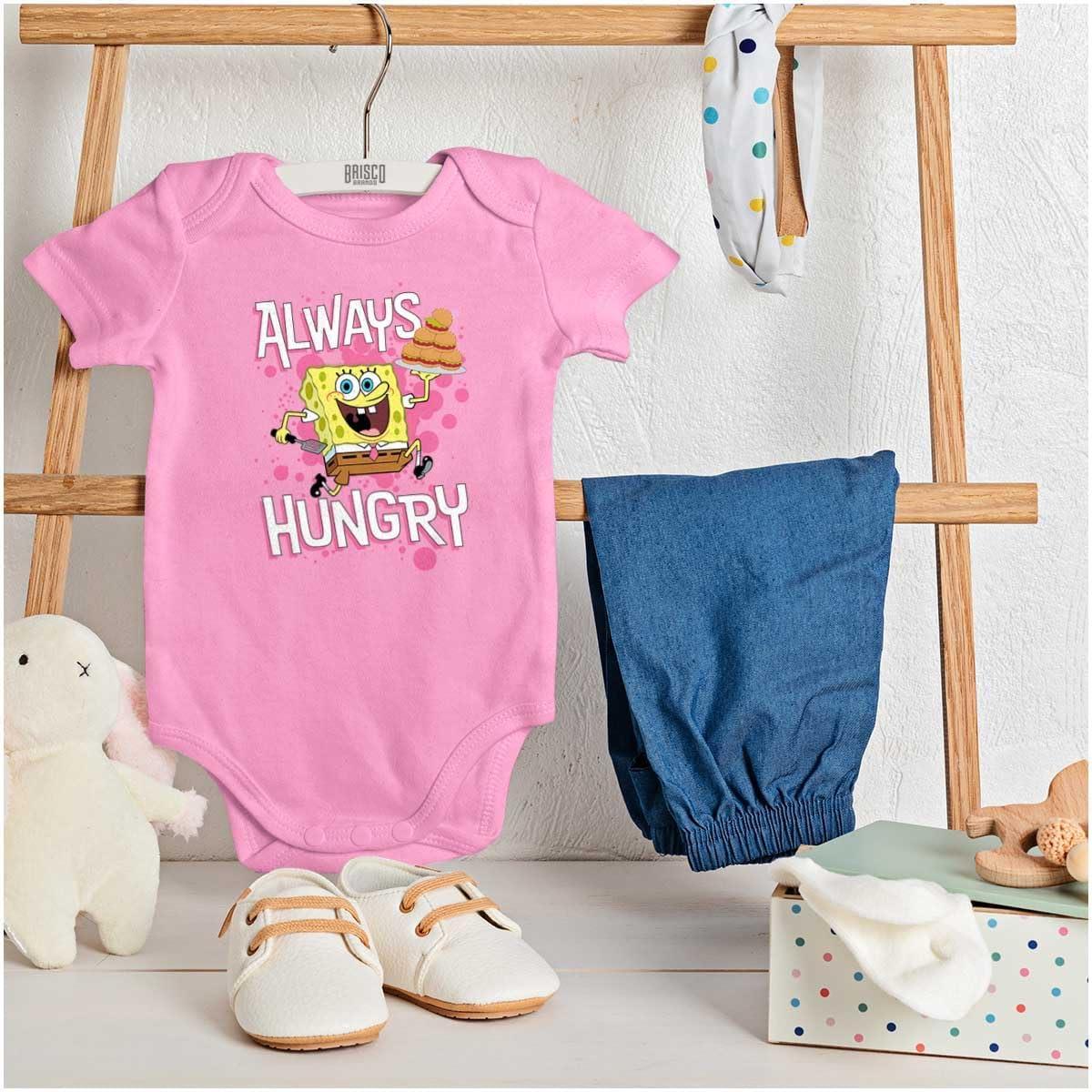 imageBrisco Brands Funny SpongeBob Cartoon Always Hungry Baby Romper Boys or GirlsPink