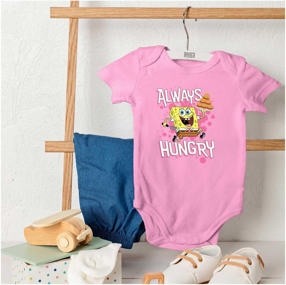 imageBrisco Brands Funny SpongeBob Cartoon Always Hungry Baby Romper Boys or GirlsPink
