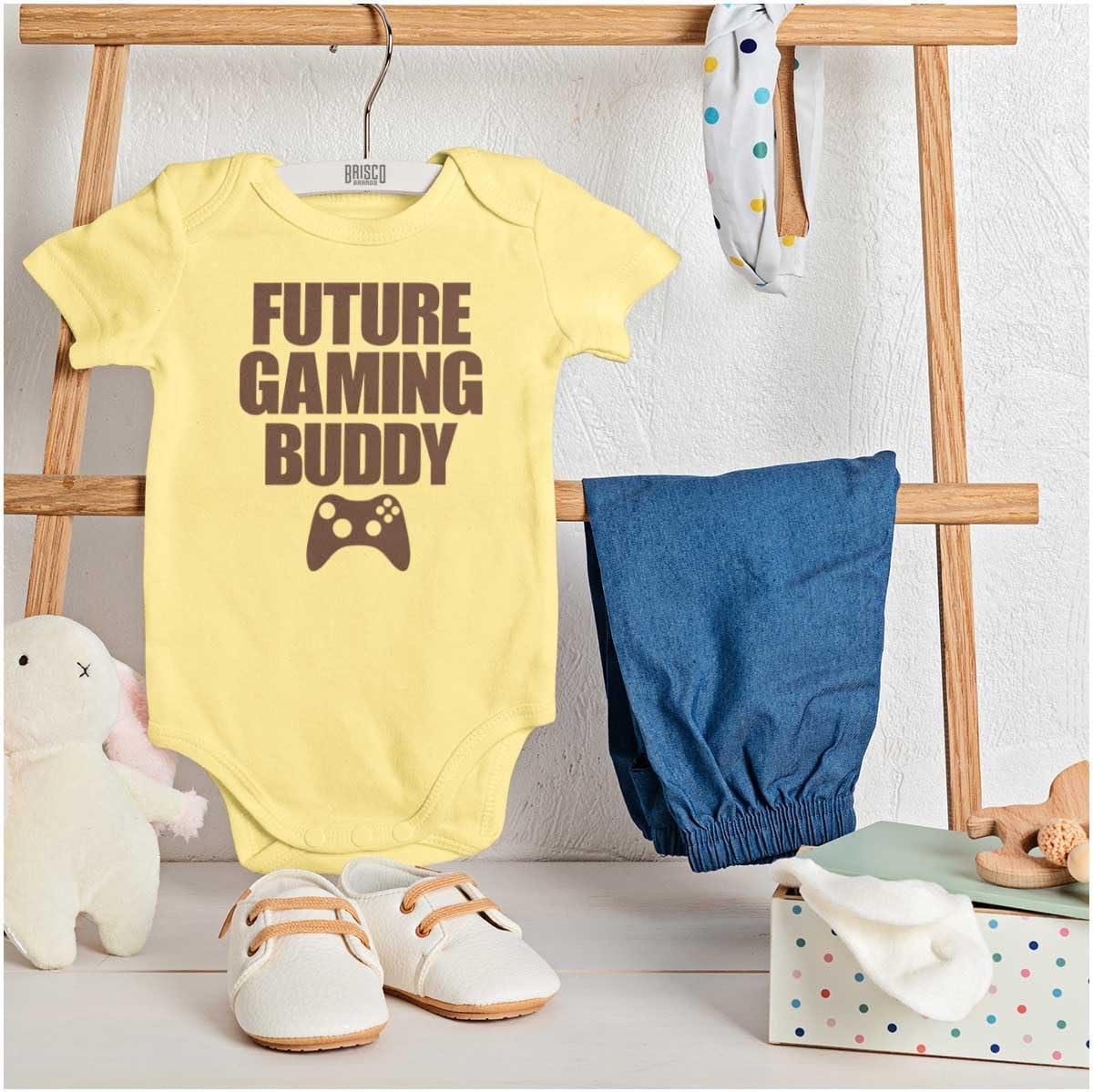 imageBrisco Brands Future Gaming Buddy Gamer Dad Joke Baby Romper Boys or GirlsBanana