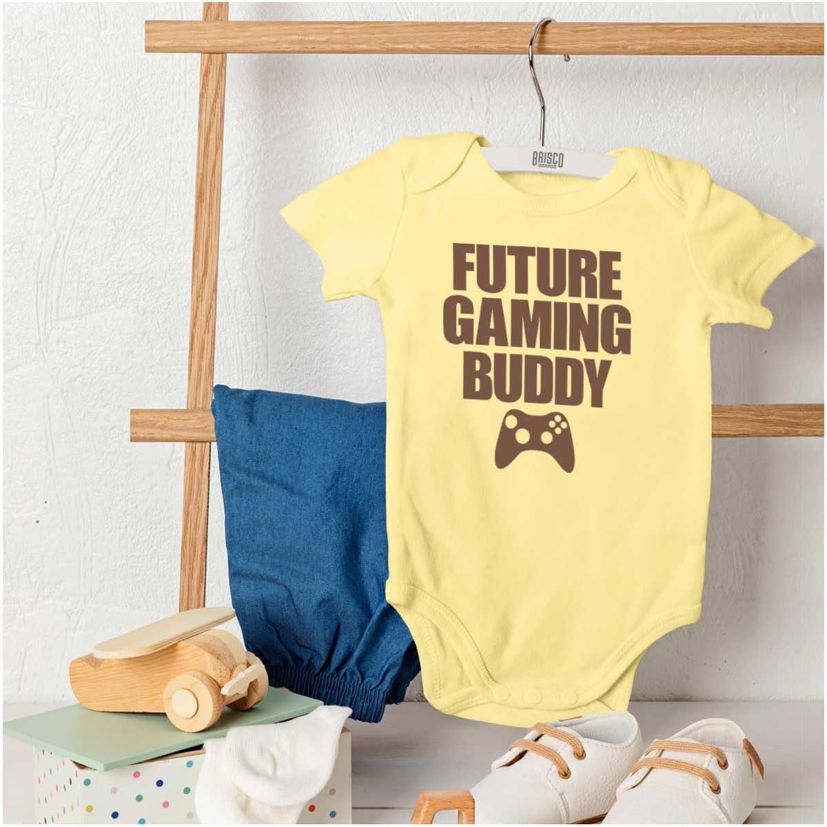 imageBrisco Brands Future Gaming Buddy Gamer Dad Joke Baby Romper Boys or GirlsBanana