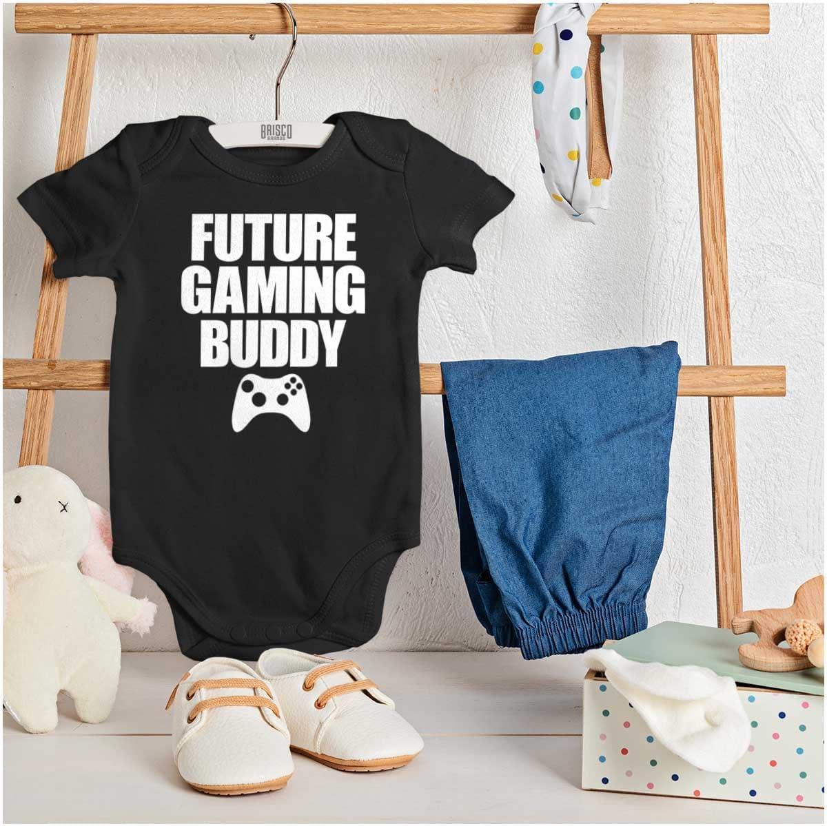 imageBrisco Brands Future Gaming Buddy Gamer Dad Joke Baby Romper Boys or GirlsBlack