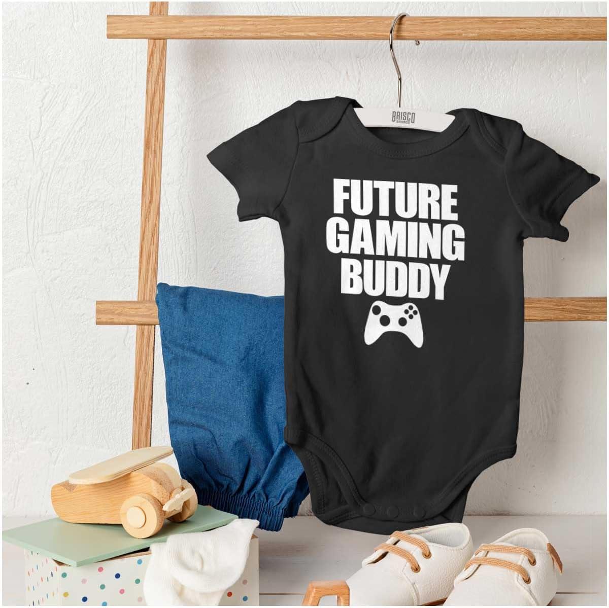 imageBrisco Brands Future Gaming Buddy Gamer Dad Joke Baby Romper Boys or GirlsBlack
