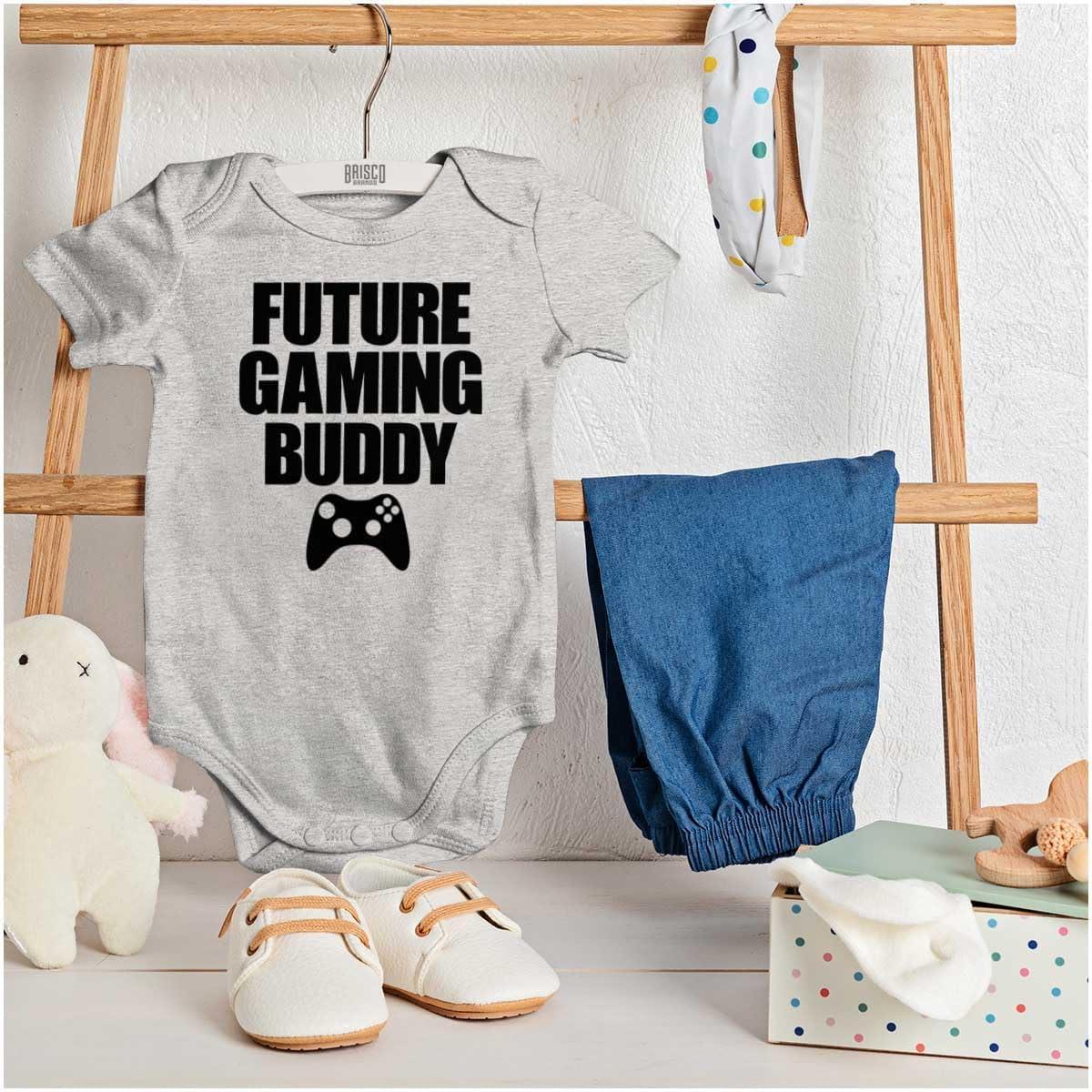 imageBrisco Brands Future Gaming Buddy Gamer Dad Joke Baby Romper Boys or GirlsHeather