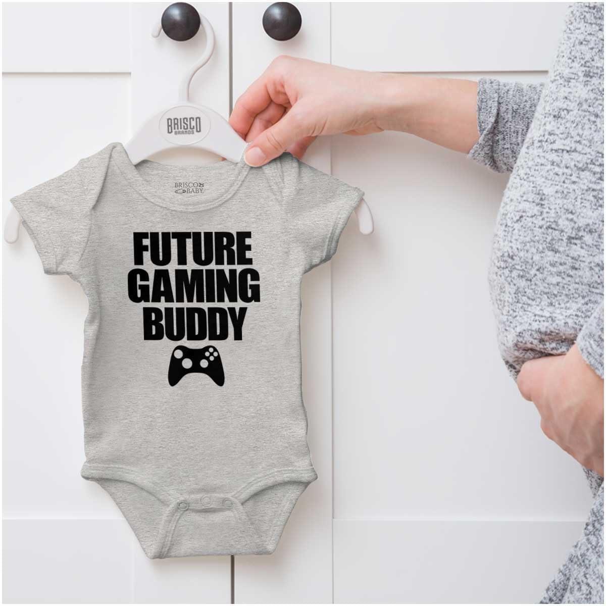 imageBrisco Brands Future Gaming Buddy Gamer Dad Joke Baby Romper Boys or GirlsHeather