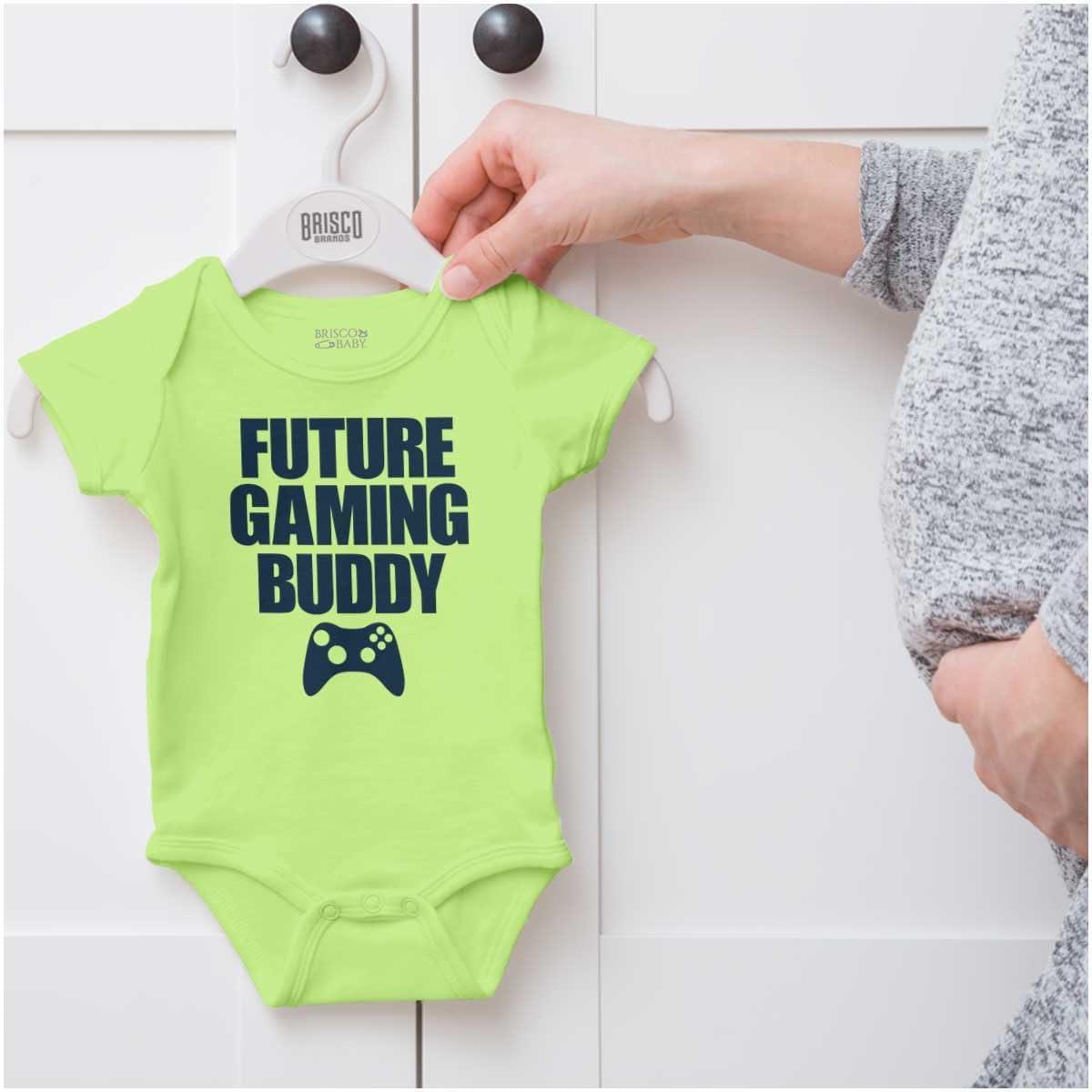 imageBrisco Brands Future Gaming Buddy Gamer Dad Joke Baby Romper Boys or GirlsKey Lime