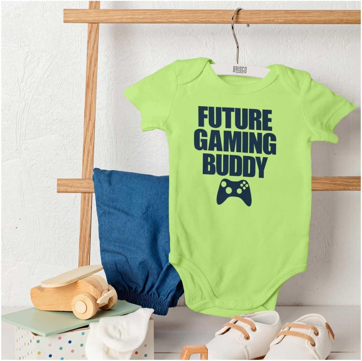 imageBrisco Brands Future Gaming Buddy Gamer Dad Joke Baby Romper Boys or GirlsKey Lime