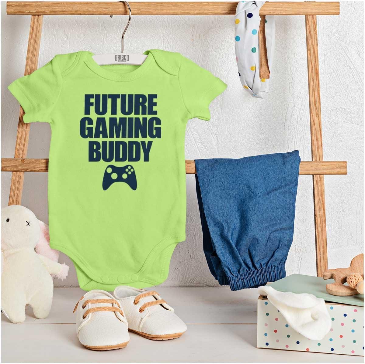 imageBrisco Brands Future Gaming Buddy Gamer Dad Joke Baby Romper Boys or GirlsKey Lime