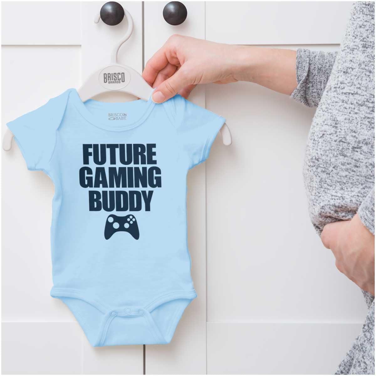 imageBrisco Brands Future Gaming Buddy Gamer Dad Joke Baby Romper Boys or GirlsLight Blue