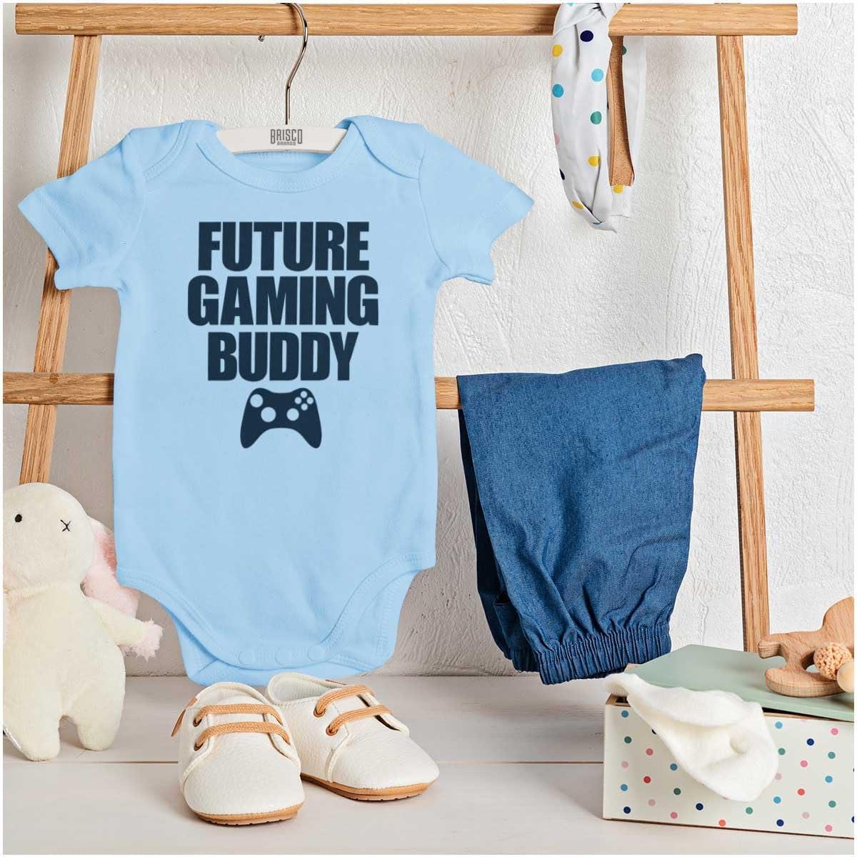 imageBrisco Brands Future Gaming Buddy Gamer Dad Joke Baby Romper Boys or GirlsLight Blue