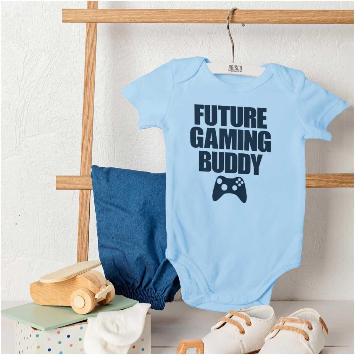 imageBrisco Brands Future Gaming Buddy Gamer Dad Joke Baby Romper Boys or GirlsLight Blue
