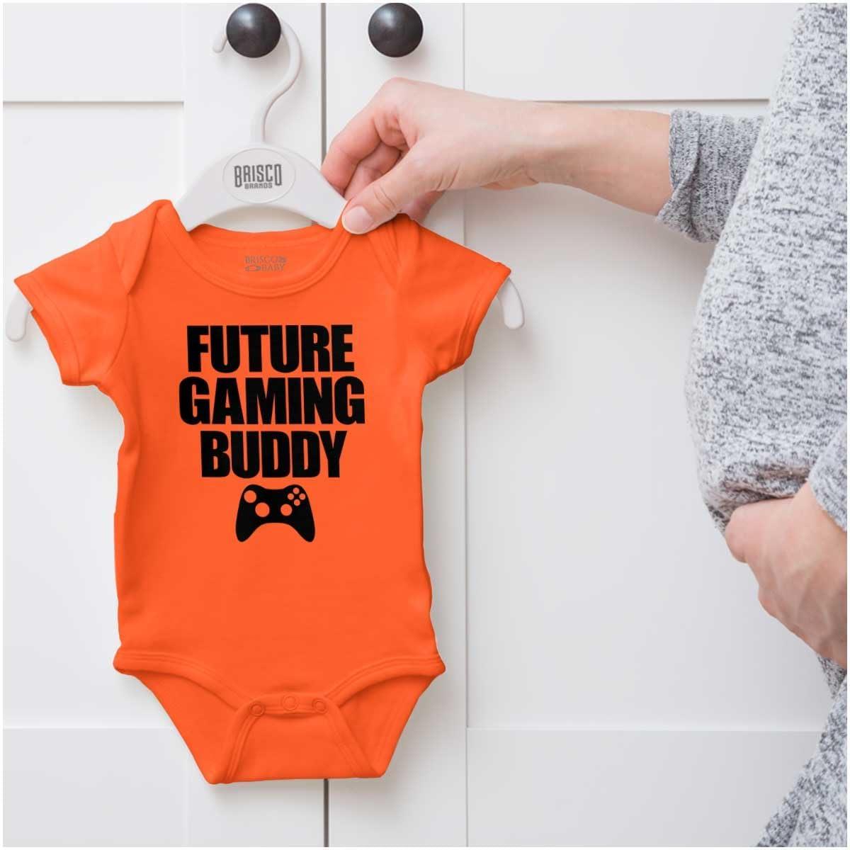 imageBrisco Brands Future Gaming Buddy Gamer Dad Joke Baby Romper Boys or GirlsOrange