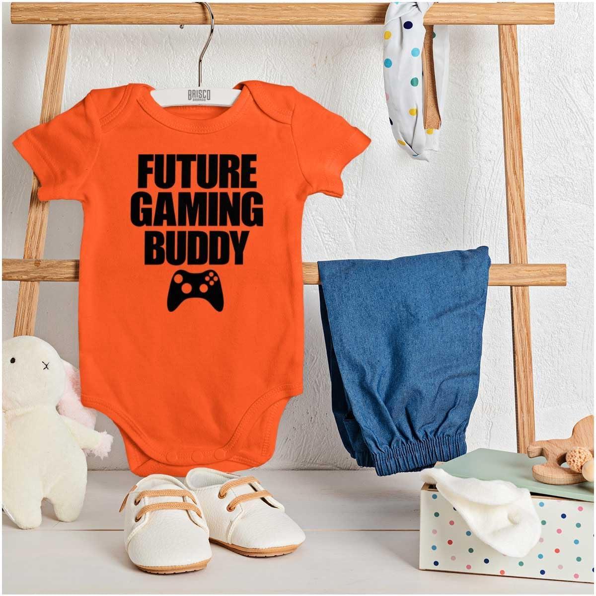 imageBrisco Brands Future Gaming Buddy Gamer Dad Joke Baby Romper Boys or GirlsOrange