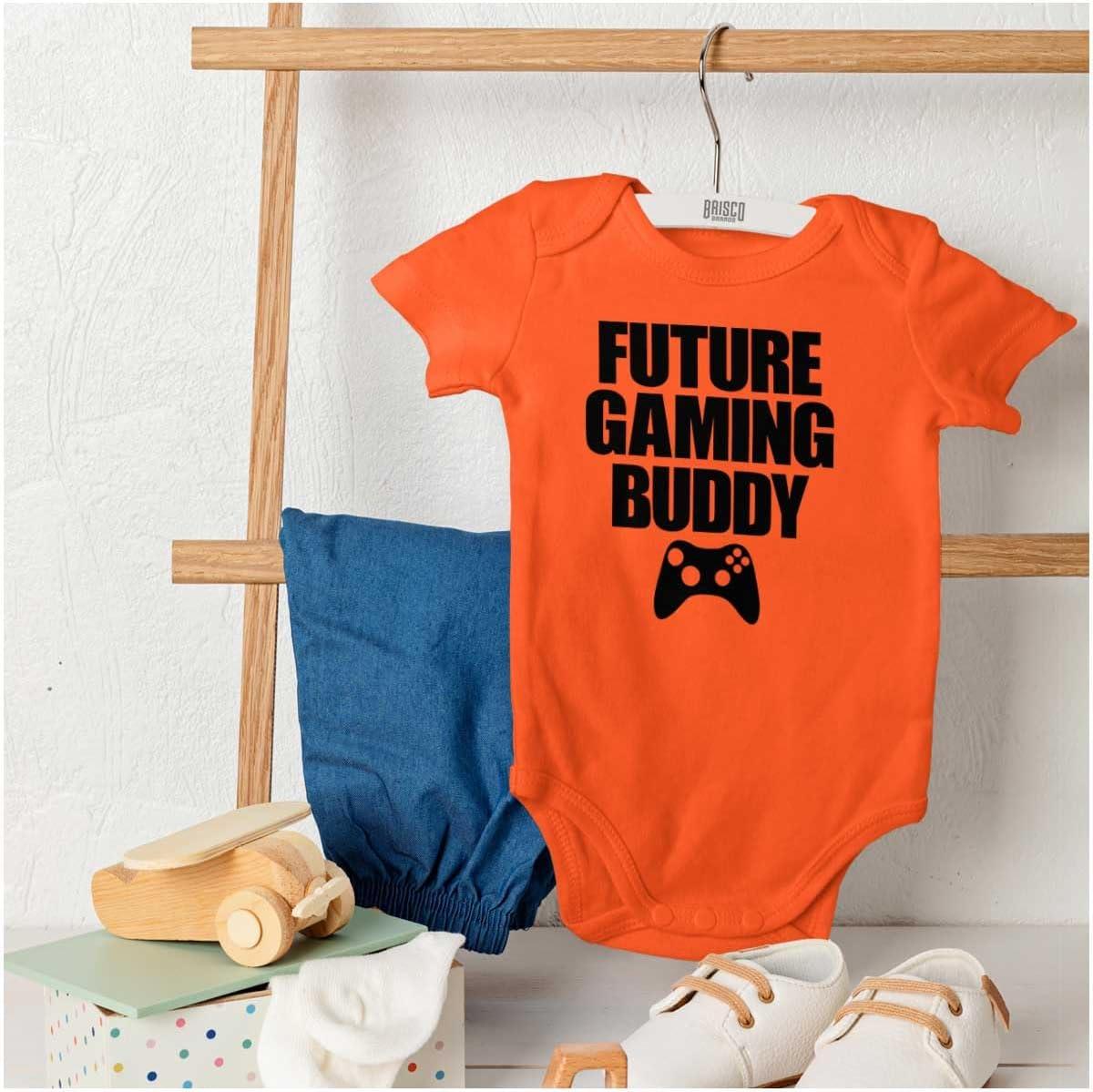 imageBrisco Brands Future Gaming Buddy Gamer Dad Joke Baby Romper Boys or GirlsOrange