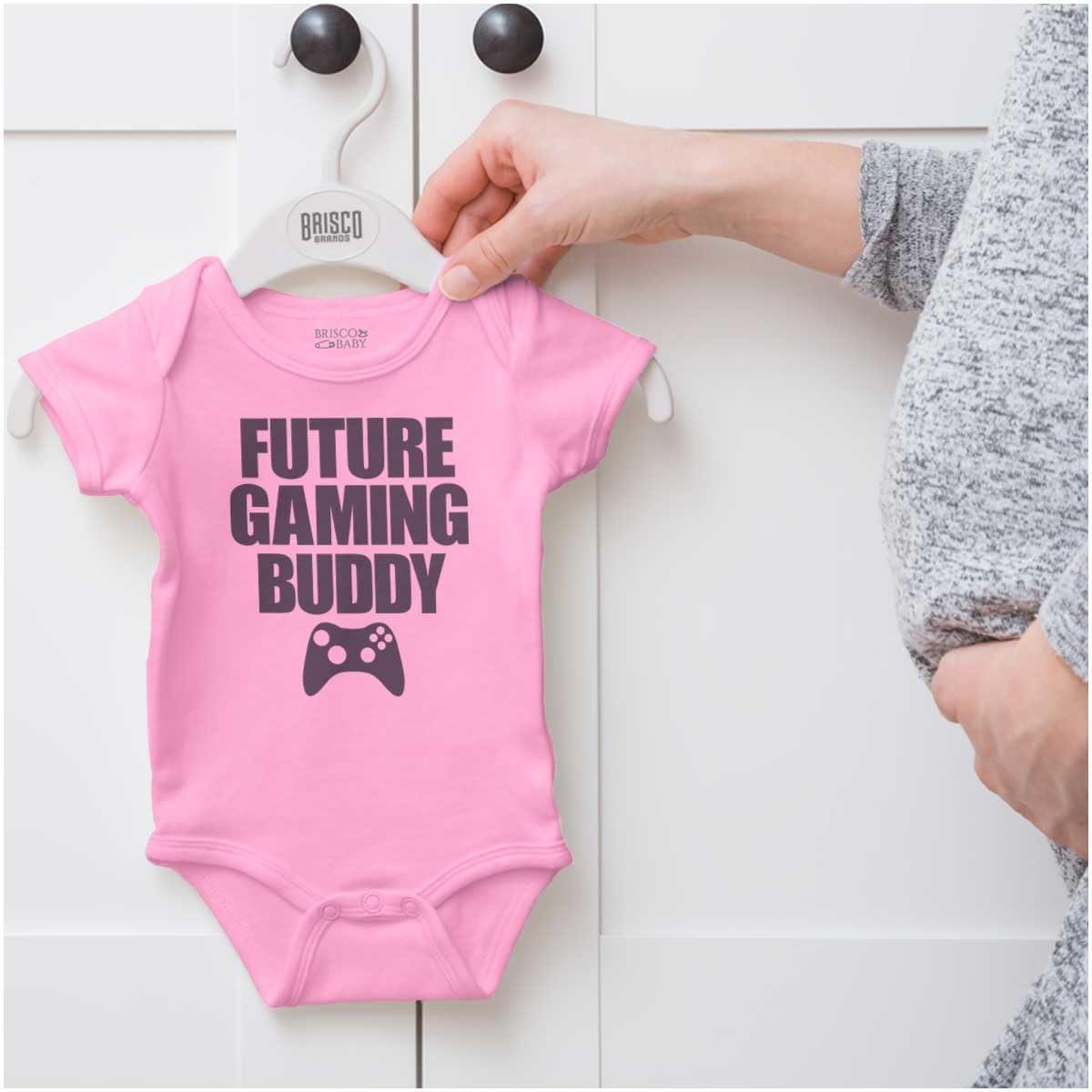 imageBrisco Brands Future Gaming Buddy Gamer Dad Joke Baby Romper Boys or GirlsPink
