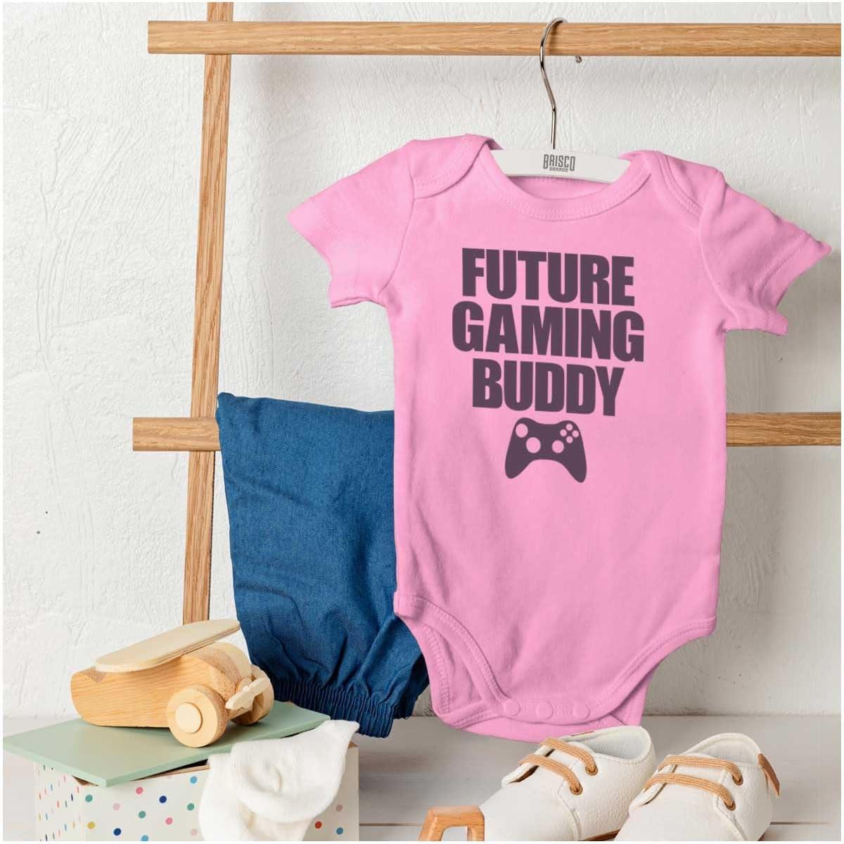 imageBrisco Brands Future Gaming Buddy Gamer Dad Joke Baby Romper Boys or GirlsPink