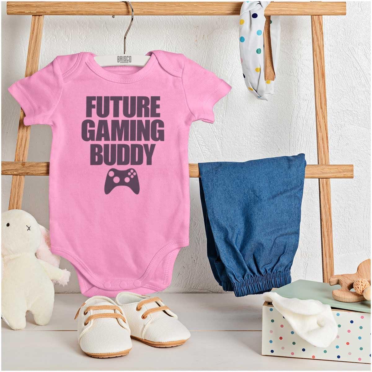 imageBrisco Brands Future Gaming Buddy Gamer Dad Joke Baby Romper Boys or GirlsPink